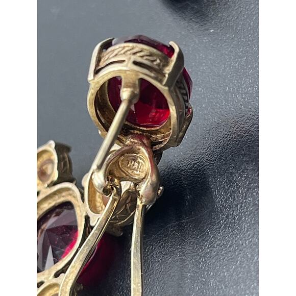 Beautiful Vintage Signed Red Clear Rhinestone Chandelier Clip On Earrings - Picture 15 of 16